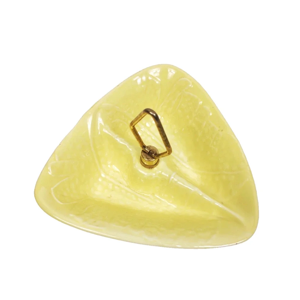 MCM California Pottery Yellow Divided Relish Nut Dish Candy Bowl w Metal Handle